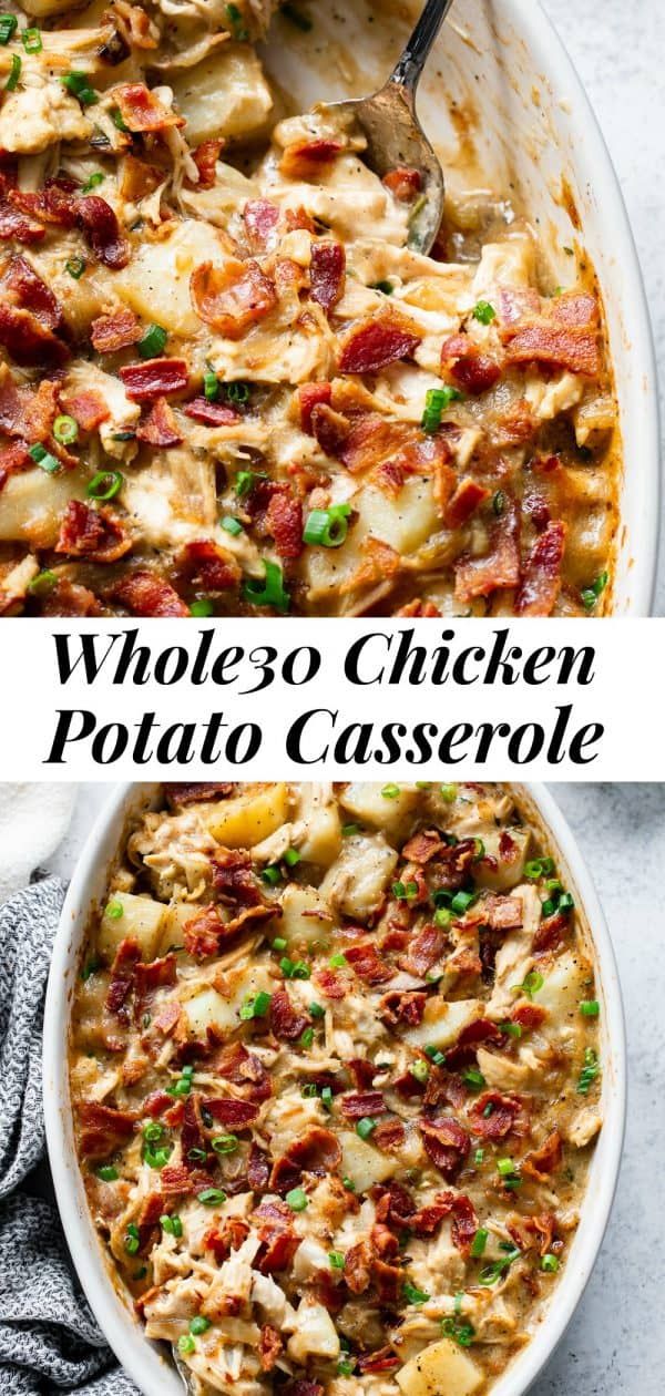 two images side by side showing the same casserole with chicken and potatoes in it