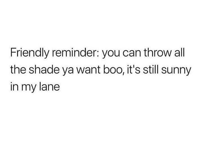 the text reads, friendly reminder you can throw all the shade ya want too it's still sunny in my lane