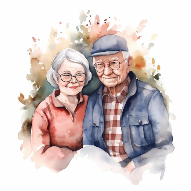 an elderly man and woman sitting next to each other in front of a watercolor background