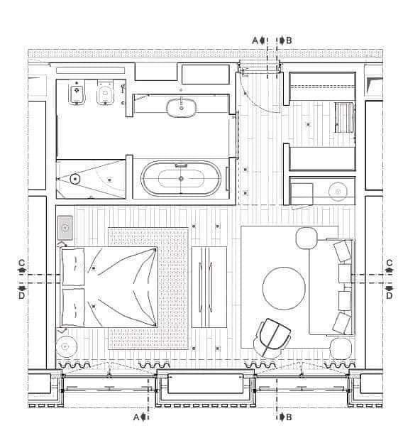 the floor plan for an apartment with two beds and one living room, as well as a bathroom