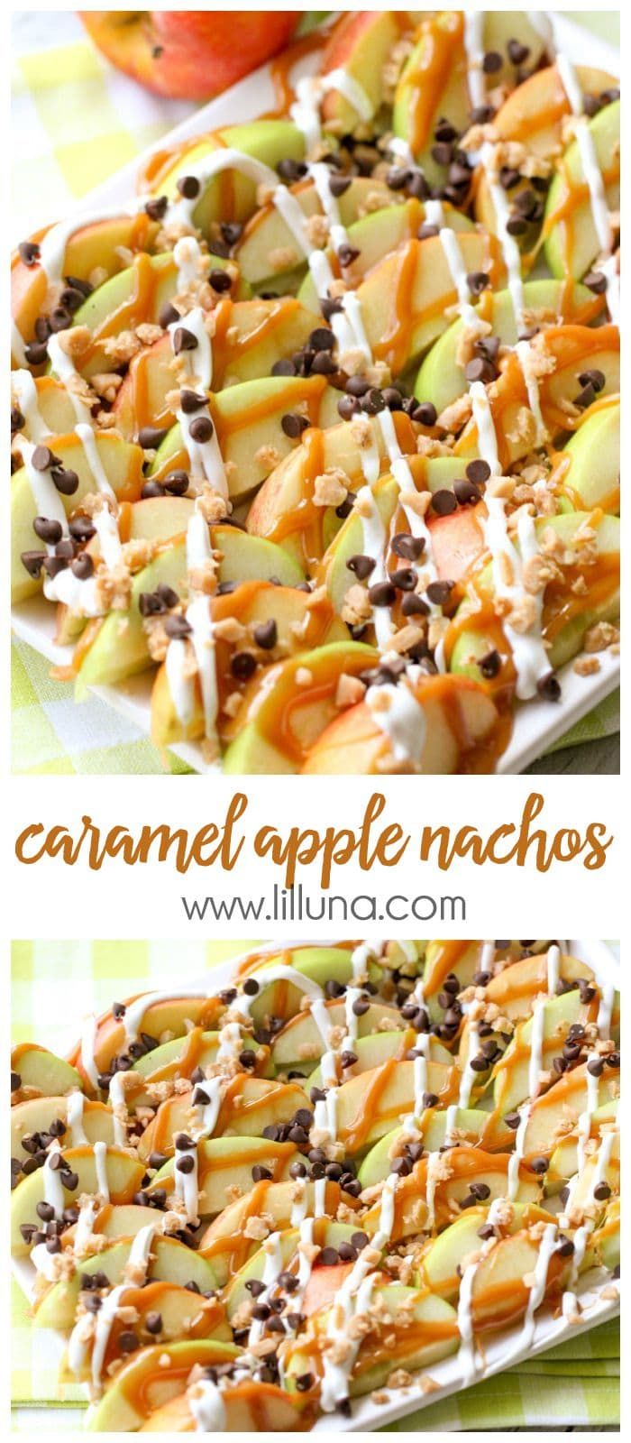 caramel apple nachos on a plate with apples and chocolate chips in the background