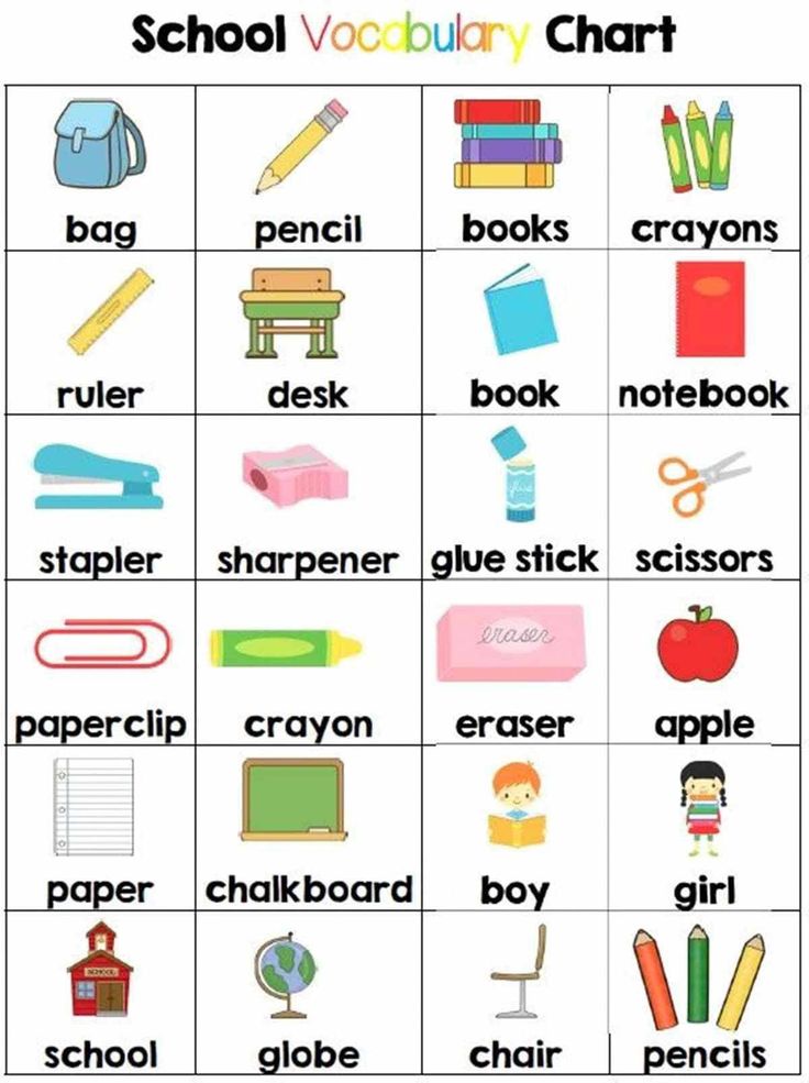 a printable worksheet for the school vocaculary chart with pictures and words