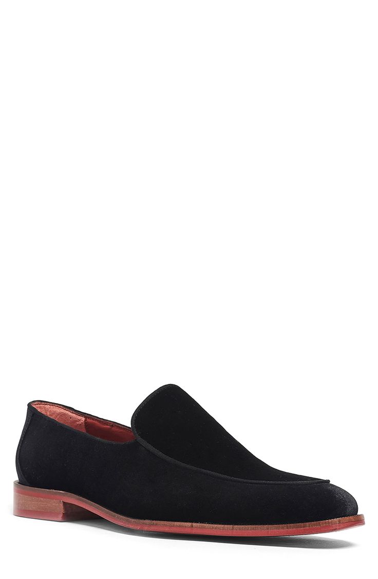 A dapper loafer crafted from luxe velvet is set on a bold sole for statement style. Cushioned footbed Velvet upper/leather lining/rubber sole
 Imported Black Slip-on Loafers With Suede Lining, Formal Suede Slip-ons With Round Toe, Formal Slip-on Loafers With Suede Lining, Black Tassel Loafers With Textured Sole And Plain Toe, Black Slip-on Tassel Loafers With Textured Sole, Formal Slip-ons With Contrast Sole And Almond Toe, Elegant Black Slip-ons With Contrast Sole, Formal Almond Toe Slip-ons With Contrast Sole, Formal Suede Loafers With Contrast Sole