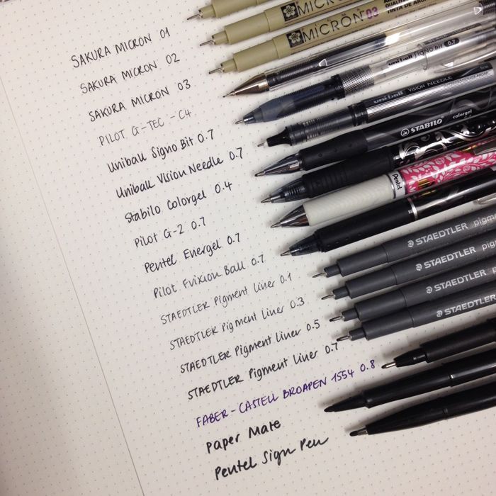 several pens are lined up on top of an open notebook with writing in the middle