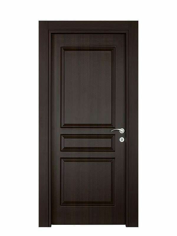 the front door is dark brown and has two doors on each side, one with a handle