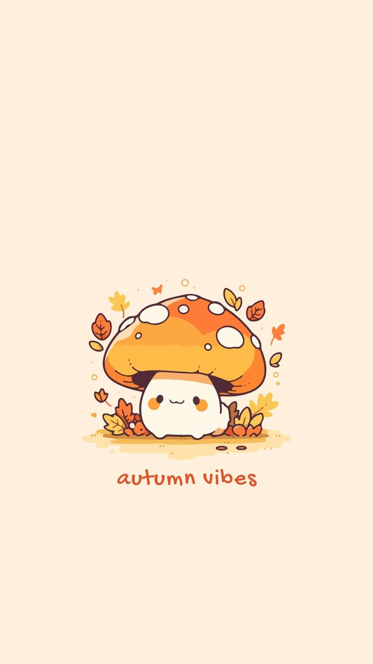 an orange mushroom with leaves around it and the words autumn vibes written on it