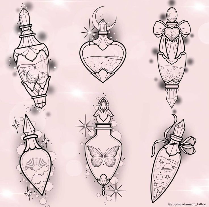 four different vases with hearts and bows on them, all drawn in one line