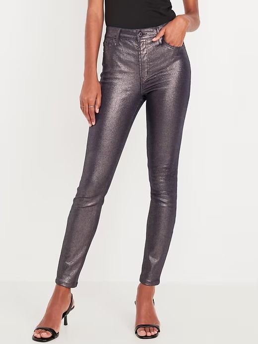 High-Waisted Shine Rockstar Super-Skinny Jeans | Old Navy Sleek Shiny Bottoms For Party, Glamorous Sheen Bottoms For Night Out, Fitted Jeans With Zipper Closure For Night Out, Fitted Jeans For Night Out, Metallic Shiny Bottoms For Club, Metallic Bottoms With Pockets For Fall, Stretch Party Bottoms With Zip Fly, Trendy Fitted Metallic Jeans, Shiny Bottoms For Night Out In Fall