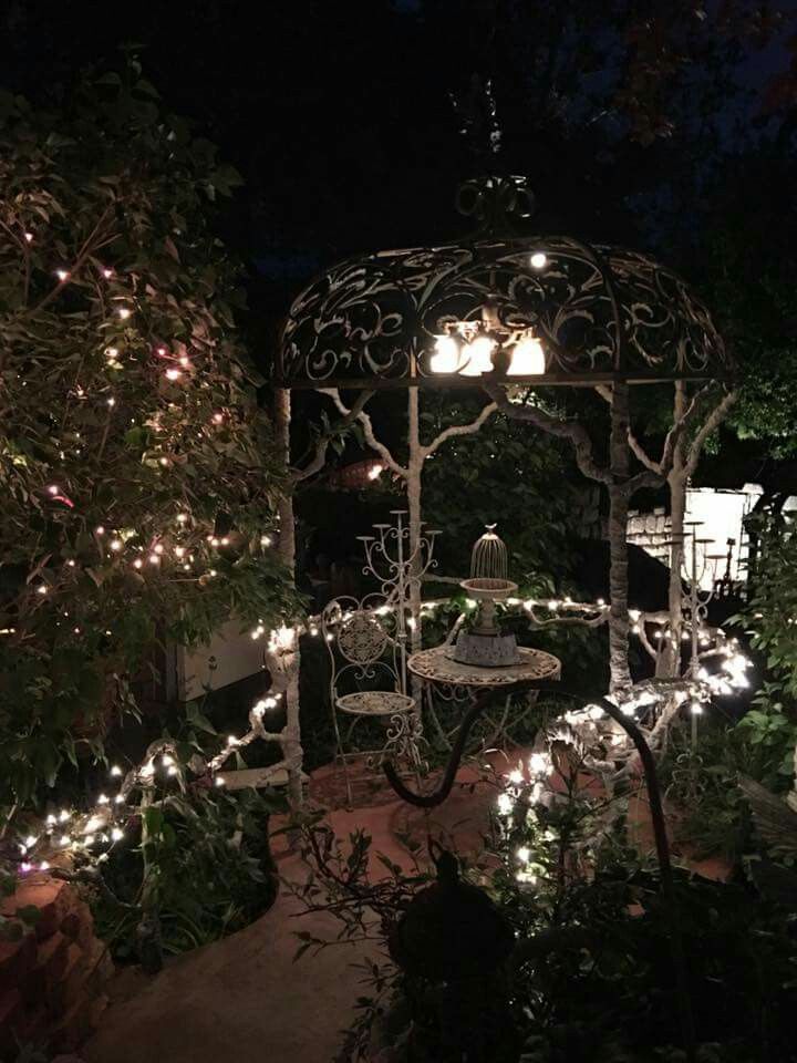 a gazebo with lights on it in the middle of some bushes and trees at night