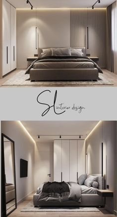 two pictures of a modern bedroom with white walls