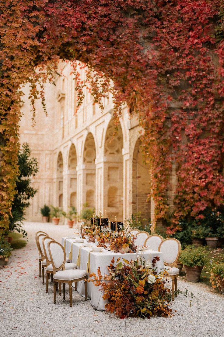 an outdoor dining area with tables and chairs, surrounded by trees covered in fall foliage