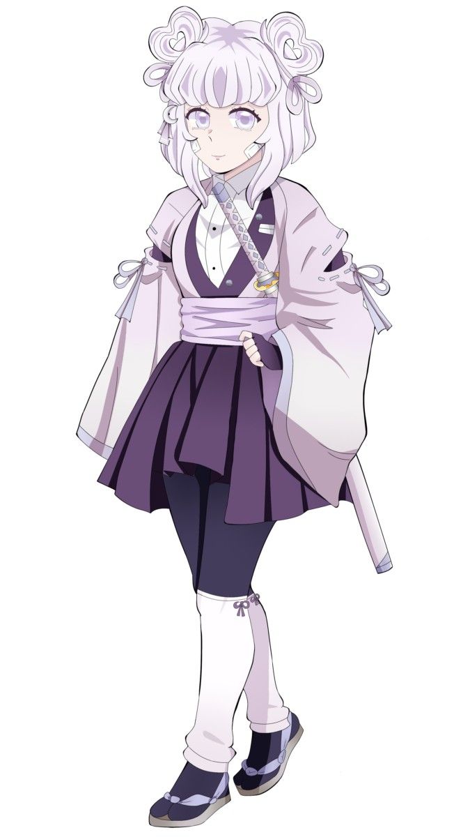 an anime character with white hair wearing a purple outfit and holding a cane in her hand