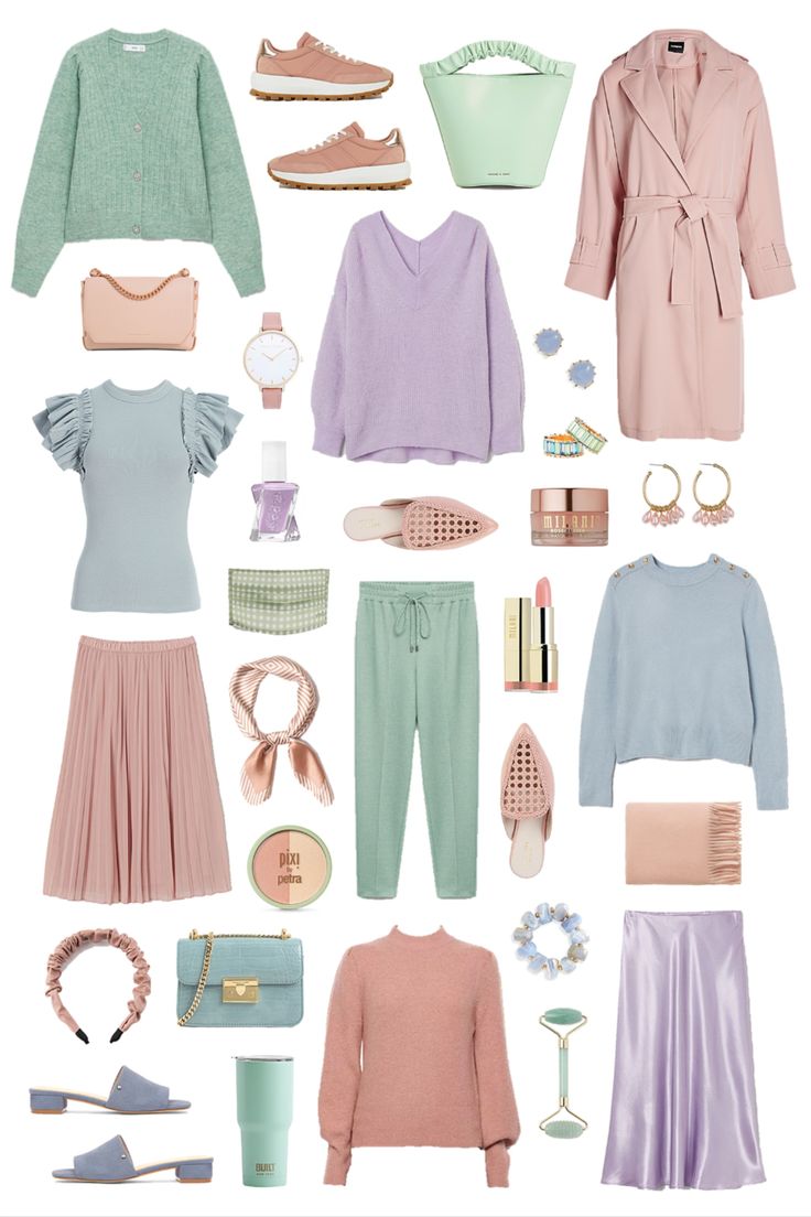 Pink Capsule Wardrobe, Pastel Wardrobe, Light Summer Style, Pastel Colors Fashion, Soft Summer Fashion, Light Spring Color Palette, Light Summer Color Palette, Back To School Outfit Ideas, Pastel Outfits