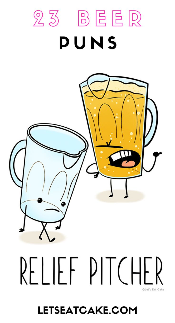 a poster with two mugs and the caption reads, 25 beer puns relief pitcher