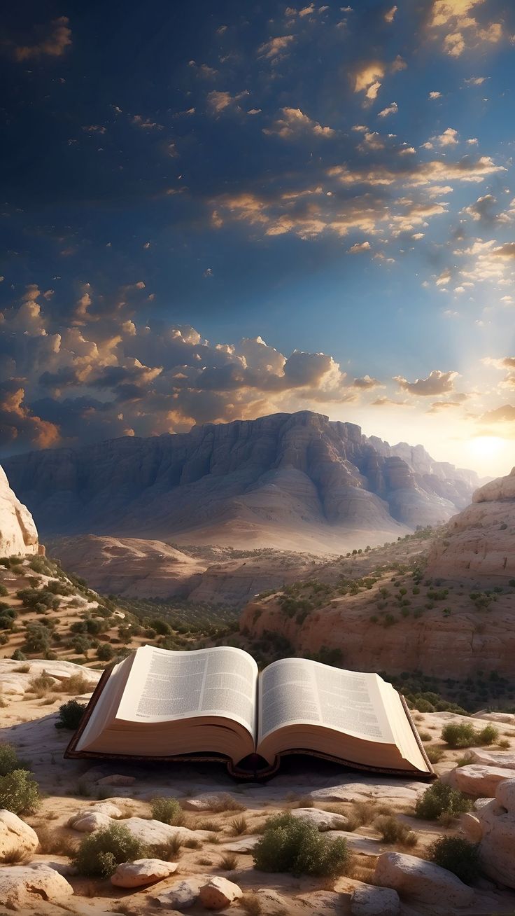 an open book sitting on top of a rocky hillside under a cloudy sky with mountains in the background