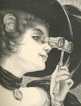 a drawing of a woman looking through a pair of binoculars