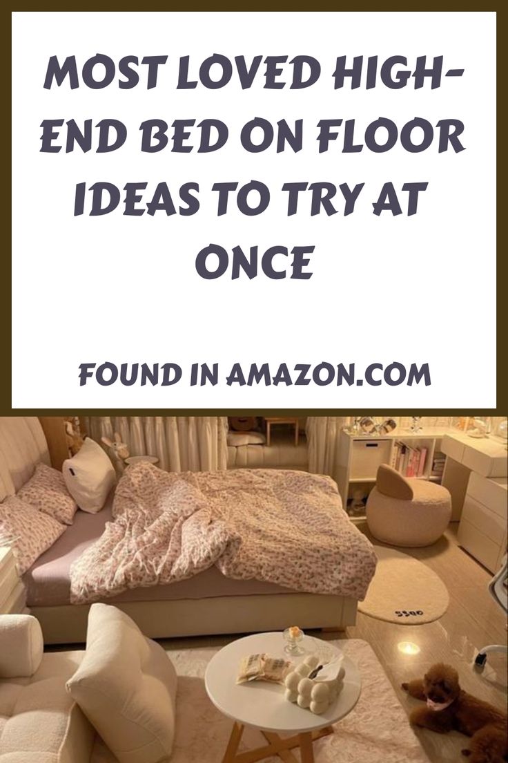 a bed sitting on top of a wooden floor next to a table