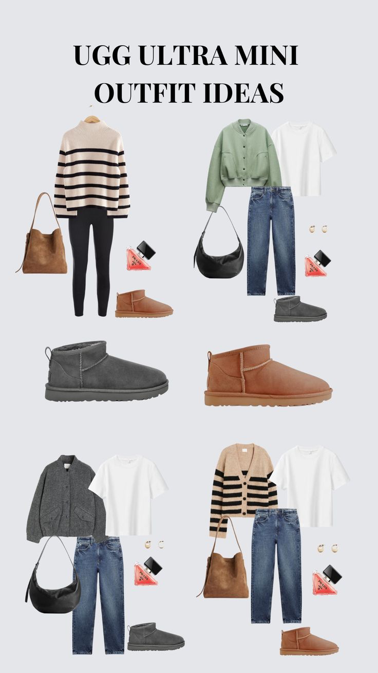 Style With Ugg Boots, Fall Outfits With Mini Uggs, Style Ugg Ultra Mini, Style Short Ugg Boots, How To Wear Ultra Mini Uggs, Outfit Ideas Ugg Boots, Styling Ugg Ultra Mini, Ugg Mini Boot Outfit, Outfits With Short Ugg Boots