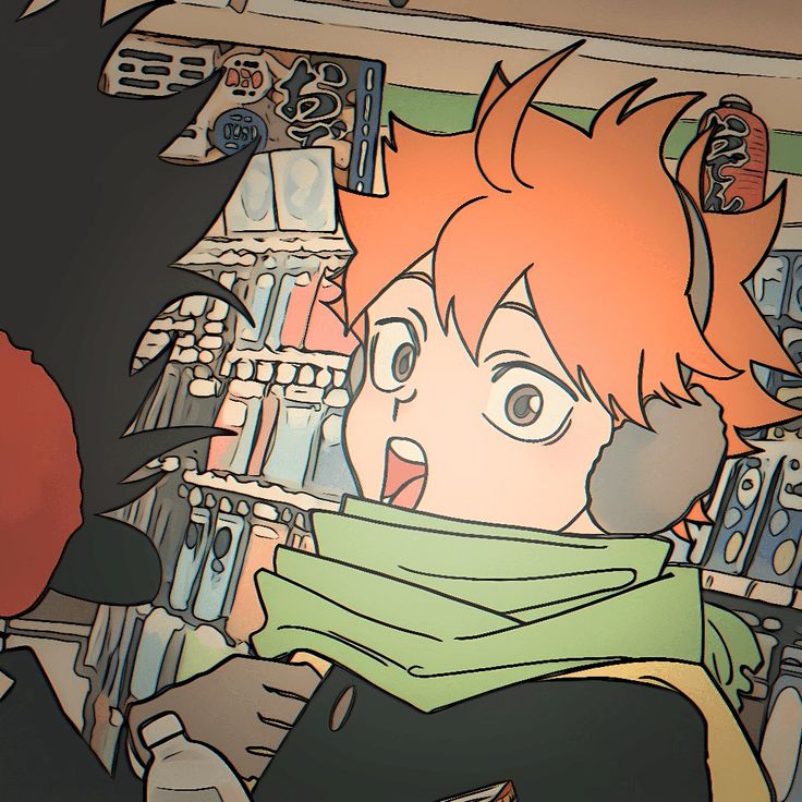 an anime character with red hair in a store looking at something on the wall behind him