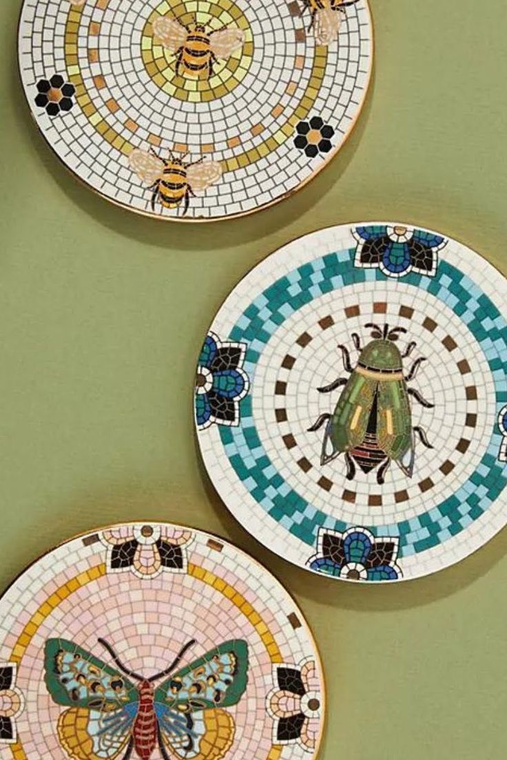 three decorative plates with bugs on them are hanging on the wall in front of a green wall