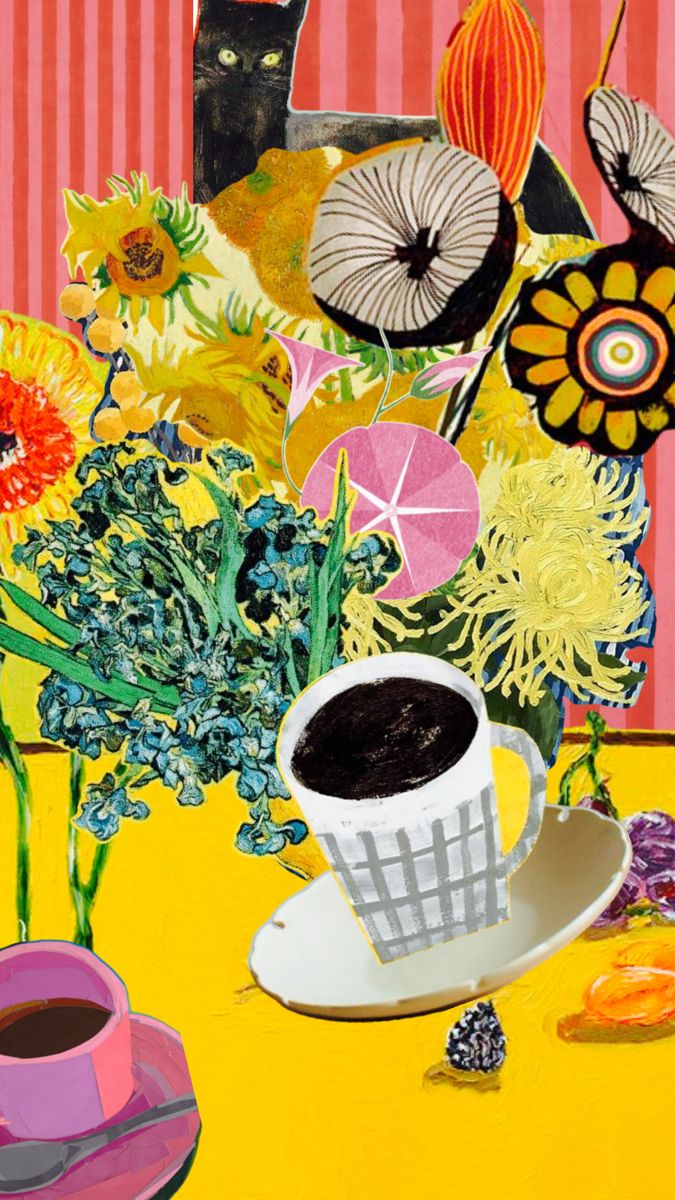 a painting of flowers and a cup of coffee on a yellow table with a pink striped wall in the background