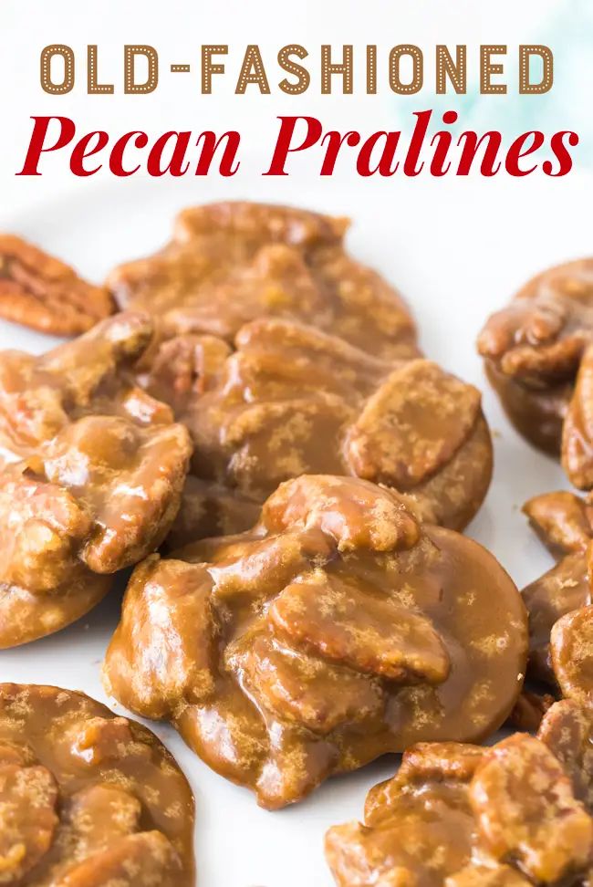 old - fashioned pecan pralies on a white plate with text overlay