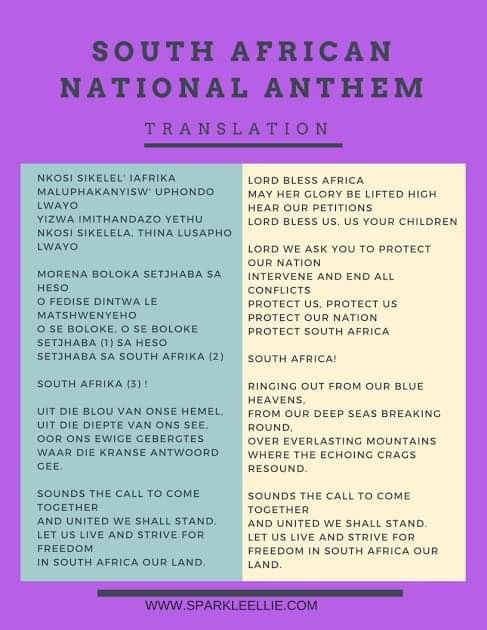 the south african national anthem translation in purple and blue, with an image of two different languages