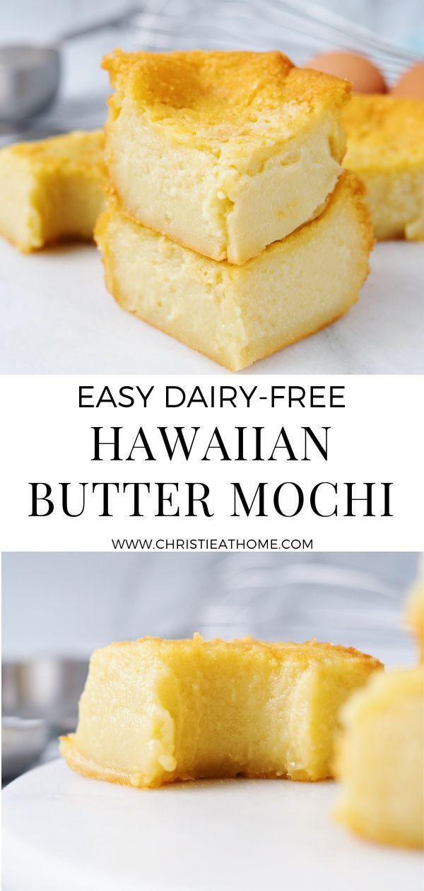 three slices of cake sitting on top of a white plate with the words easy dairy - free hawaiian butter mochi