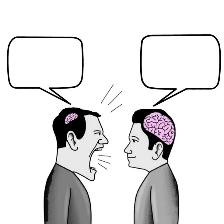 two men talking to each other with speech bubbles above their heads, one has a brain on his head