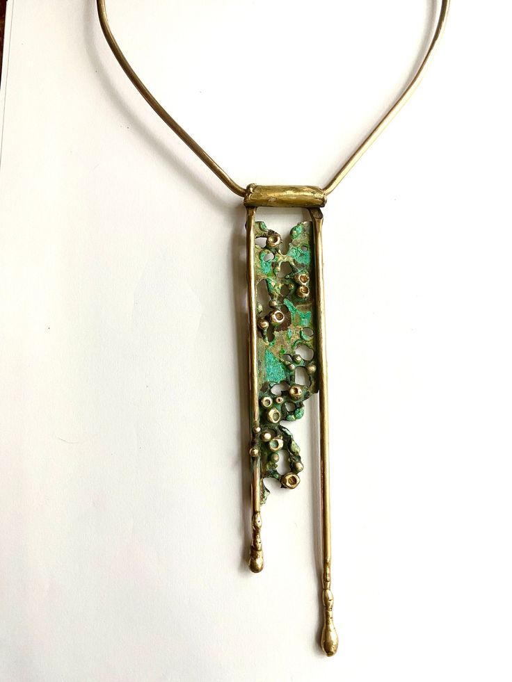 This Art Deco style bronze necklace with a nice green/blue patina is great on its on or layered!  approximately 6" long on the chest  Lays approximately 15" around the neck **all necklaces are handmade with no molds or anything so each one will have the slightest variations in erosion and color! Bronze Necklace, Bib Necklaces, Art Deco Style, Deco Style, Art Deco Fashion, Labour Day, Patina, Blue Green, Art Deco