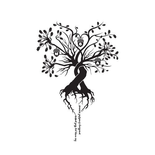 a black and white drawing of a tree with roots