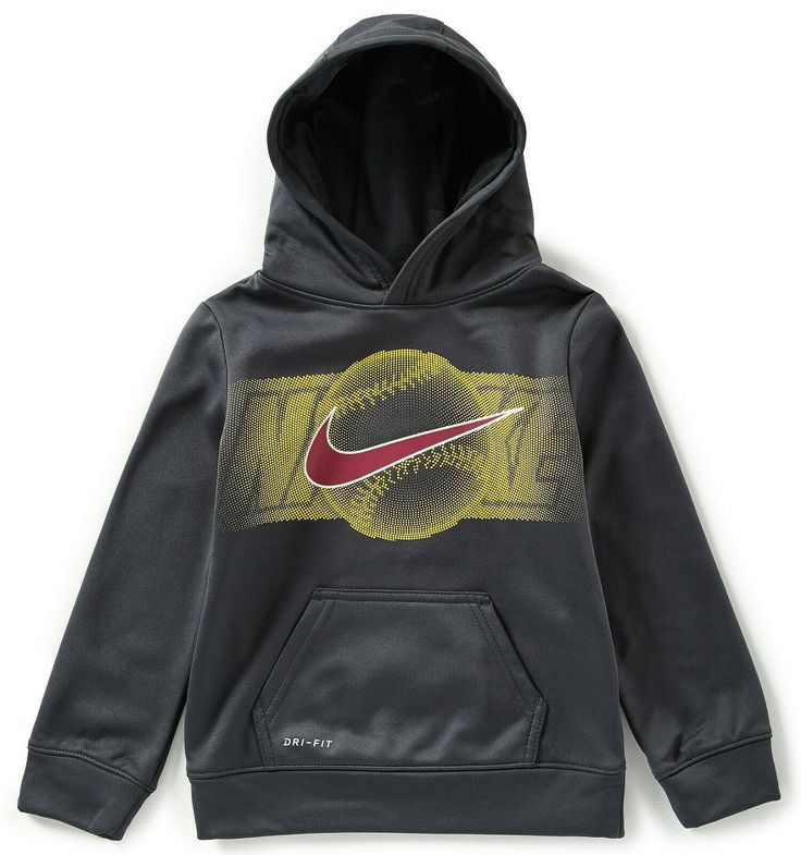 NIKE ~*~ Boy's Dri-FIT Halftone Sportball Hoodie - Size 5 ~*~ BRAND NEW WITH TAGS GRAPHIC:  NIKE with BASEBALL & SWOOSH DESCRIPTION BRAND:  Nike SIZE:  Boy's Size 5 STYLE #86E134-693 HOODIE COLOR:  Anthracite, Yellow, Maroon, White MATERIAL:  100% Polyester FEATURES Regular fit is eased, but not sloppy, and perfect for any activity Thermal Dri-FIT™ high-performance fabric wicks perspiration away from the body and provides dependable warmth Attached, multi-panel hood Pullover design Long sleeves Nike Collegiate Sports Hoodie, Nike Collegiate Hoodie For Sports, Nike Sporty Hoodie For Streetwear, Nike Sporty Hoodie For Sports, Fall Sports Event Hoodie With Logo Print, Team-colored Sports Hoodie For Winter, Team-colored Throwback Sweatshirt For Sports, Team-colored Winter Sports Hoodie, Urban Sports Hoodie With Moisture-wicking