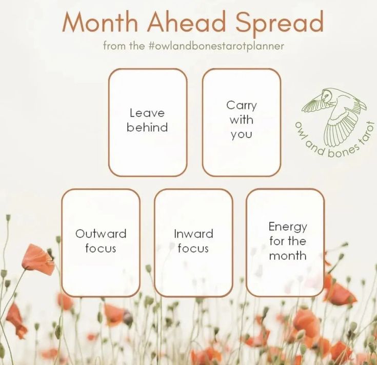 an advertisement for the month ahead spread with four squares and flowers in front of them