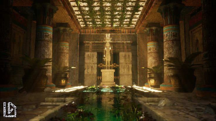 the interior of an ancient building with columns and plants growing in the water, surrounded by greenery