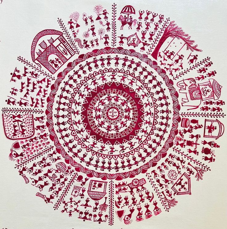 a red and white artwork with an intricate design