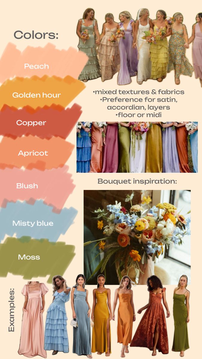 the different colors of dresses are shown on this page, and there is also an info sheet