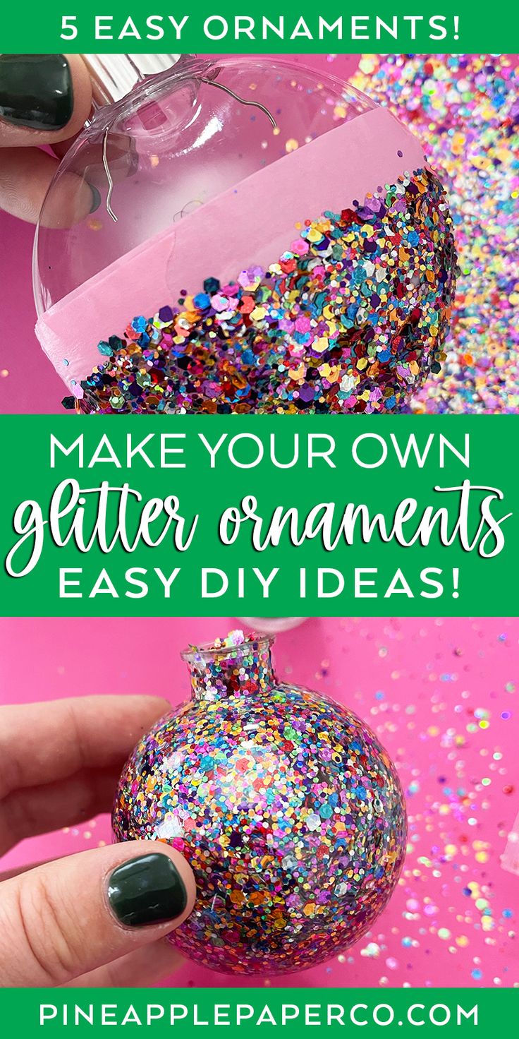 a hand holding a glitter ornament with the words make your own glitter ornaments easy diy ideas