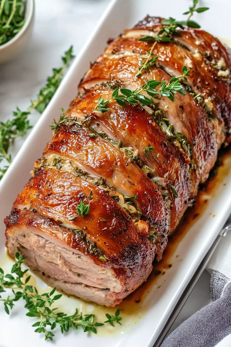 a piece of meat on a white plate with parsley sprinkled around it