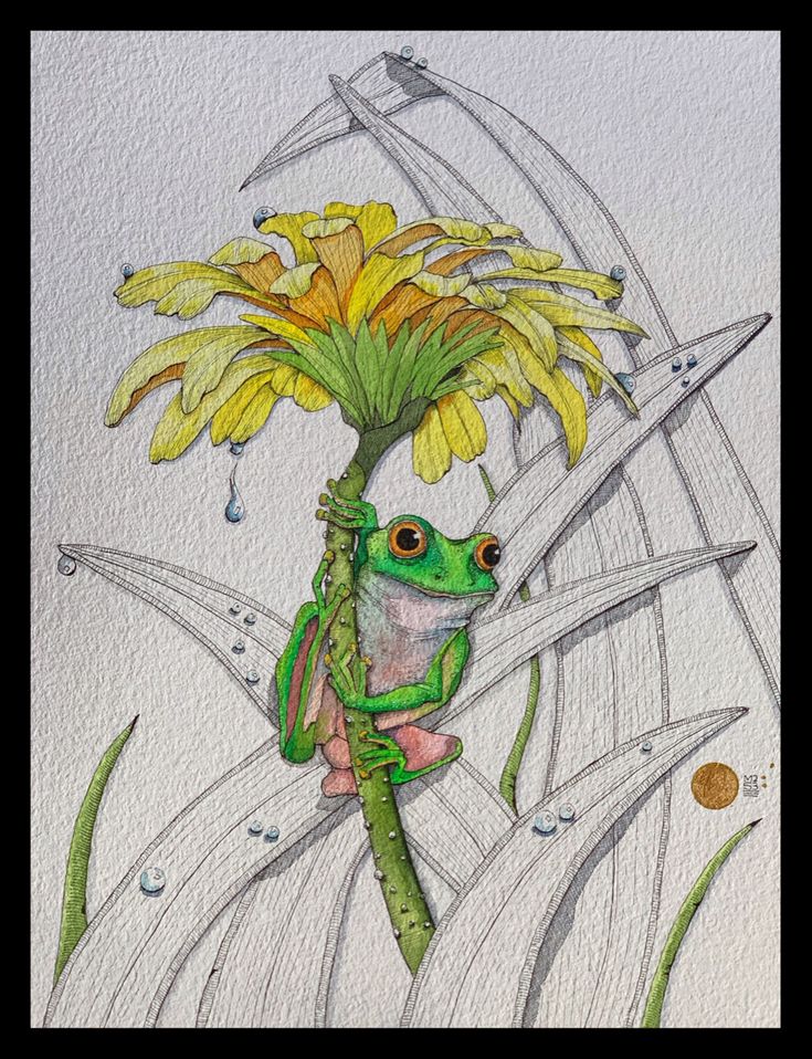 a drawing of a frog sitting on top of a plant with yellow flowers in it