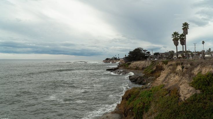 the beach is lined with palm trees and houses on the cliff above the water's edge