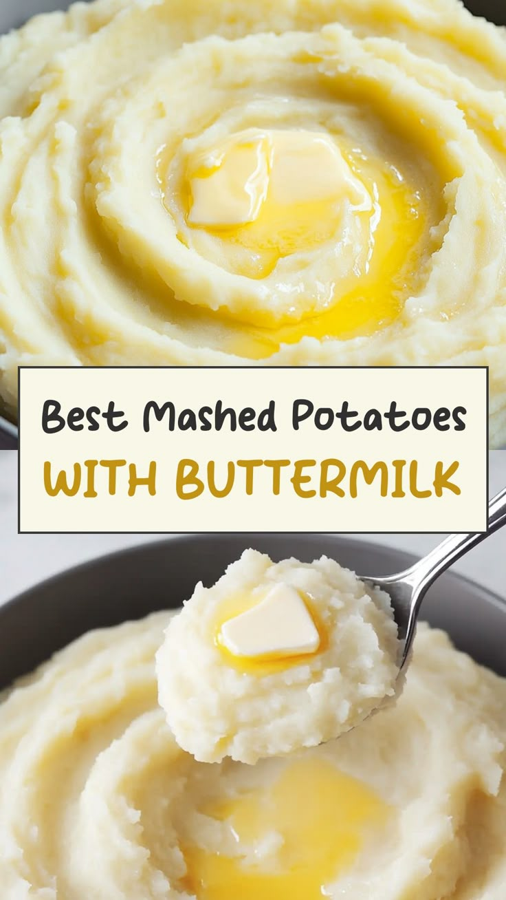 mashed potatoes with buttermilk in a bowl and on a spoon to the side