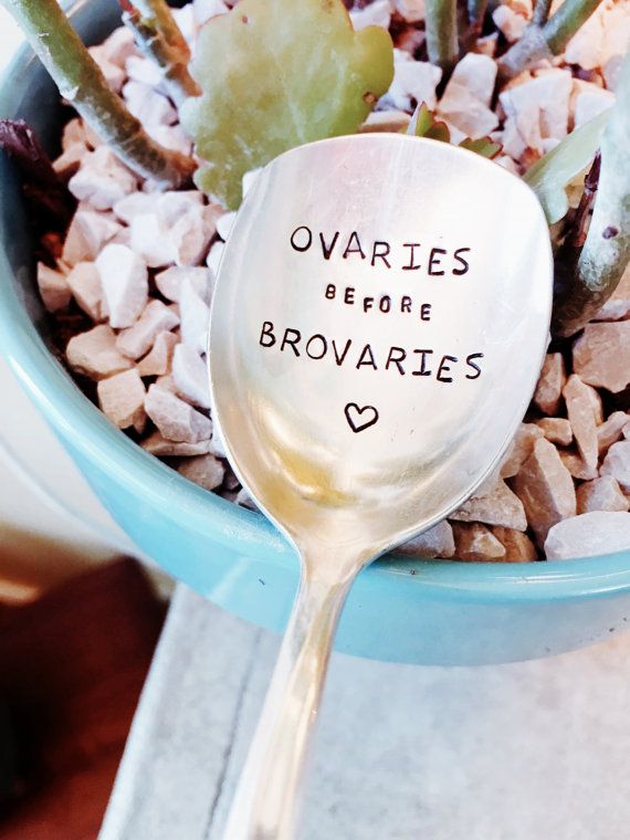 a spoon that is sitting in a bowl filled with rocks and gravel, says ovaries before brouvries