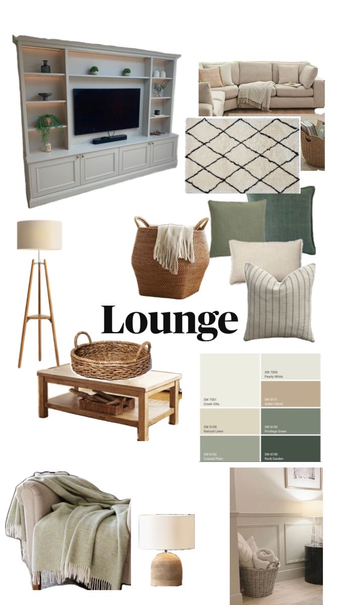 living room mood board with furniture and accessories