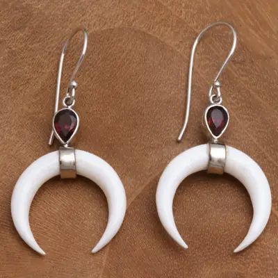 Garnet and Crescent Bone Dangle Earrings from Bali - Sanur Crescents | NOVICA Half Elf, Bone Earrings, Crescent Earrings, Cow Bones, Bone Jewelry, Bone Pendant, Bone Carving, Jewelry Packaging, Hook Earrings