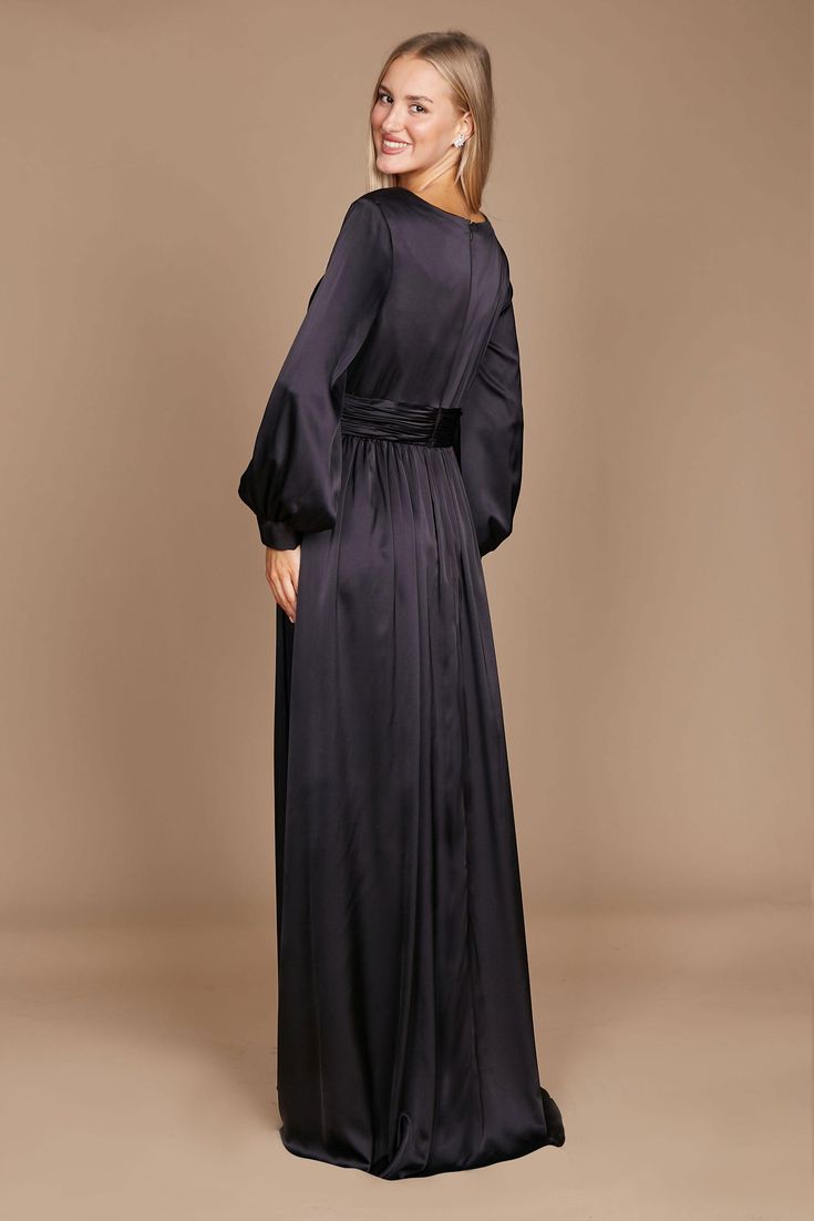 Are you trying to find the ideal long dress that will make you feel both gorgeous and at ease? Check out this gorgeous long-sleeved formal dress! It has a chic split a-line skirt that will accentuate your attractive legs, a trendy and elegant peplum-style bodice, and romantic long sleeves. Elegance, beauty, and comfort are personified in this outfit. Excellent for any special event! Fabric: Satin Length : Full Length Sleeve Style : Long Sleeve Color : Black, Navy Sizes : 8, 10, 12, 14, 16, 18, 2 Chic Long Sleeve Formal Dress, Elegant Long Sleeve Floor-length Dress For Fall, Elegant Floor-length Long Sleeve Dress For Fall, Solid Long Sleeve Maxi Dress For Party, Dressy Long Sleeve Evening Dress For Night Out, Solid Color A-line Long Sleeve Party Dress, Elegant Long Sleeve Evening Dress For Party Season, Elegant Fall Maxi Dress For Dinner, Dressy Long Sleeve Evening Dress For Formal Occasions