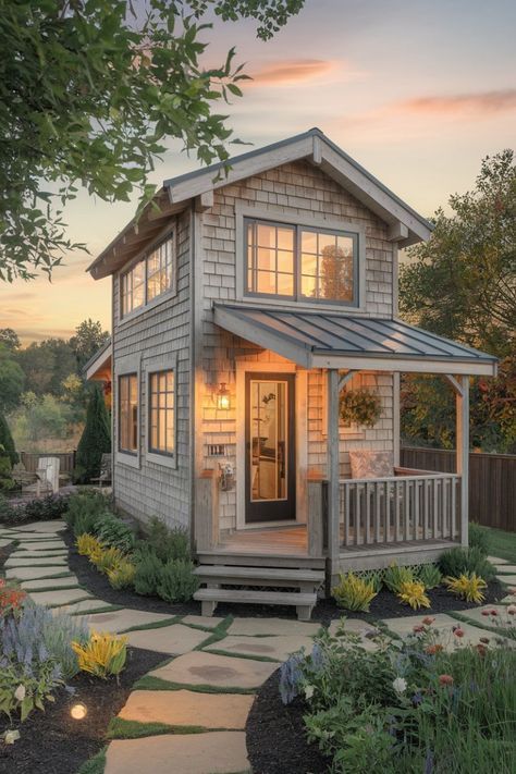 a small house is lit up at night with the sun shining on it's windows