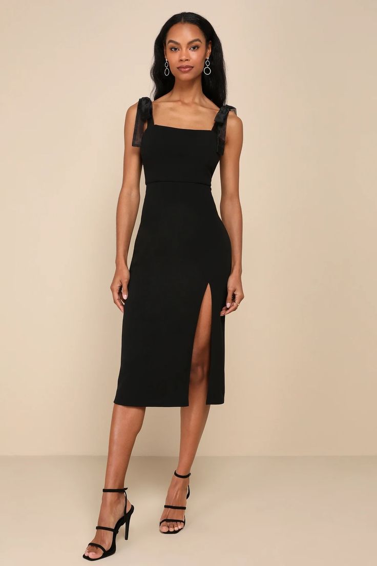 Black Midi Dress - Bodycon Midi Dress - Tie-Strap Midi Dress - Lulus Midi Square Neck Dress, Rehearsal Dinner Dress Black, Modest Cocktail Dresses, Mid Black Dress, Shoes For Bodycon Dress, Semi Formal Black Outfit, Black Graduation Dress High School, Black Graduation Dress College, Black Dress Nude Heels