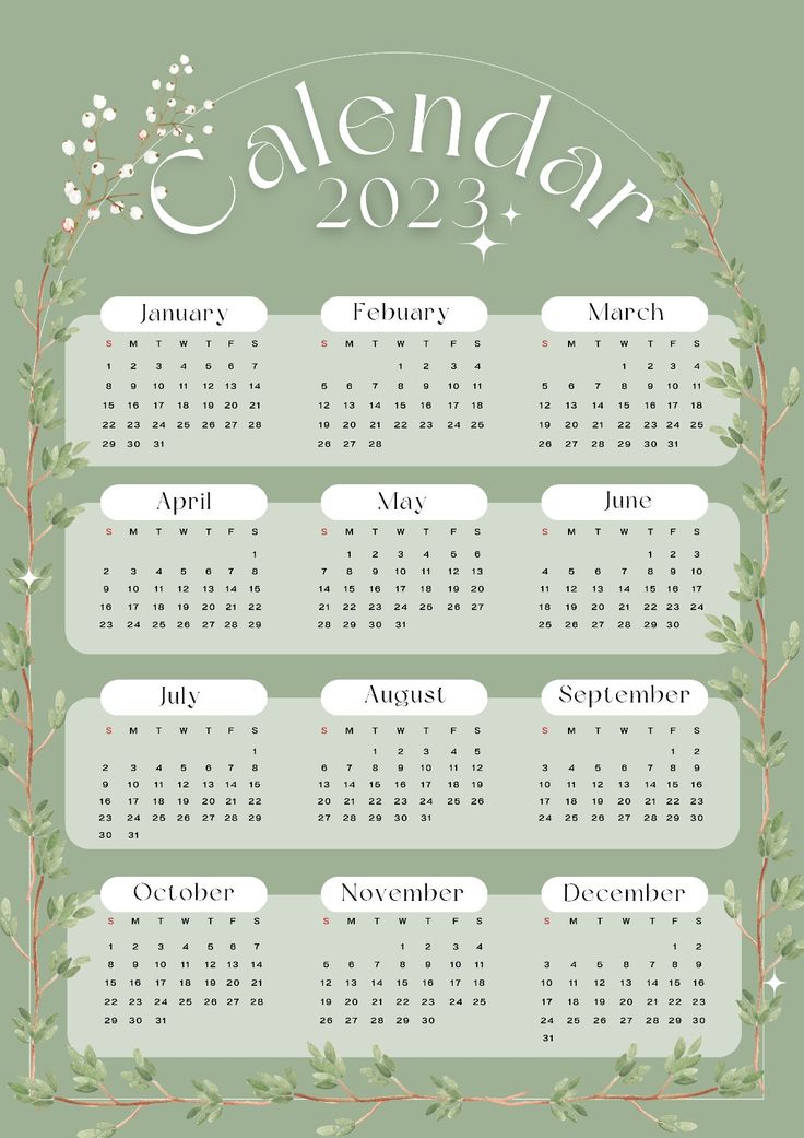 a calendar for the new year with green leaves and branches around it, on a light green background