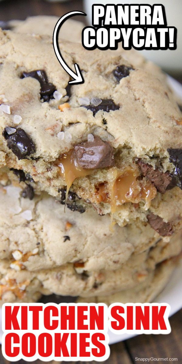 a close up of a plate of cookies with text overlay that reads panera copycat kitchen sink cookies