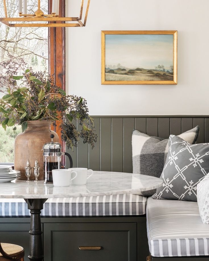 a living room filled with furniture and a painting on the wall above it's coffee table